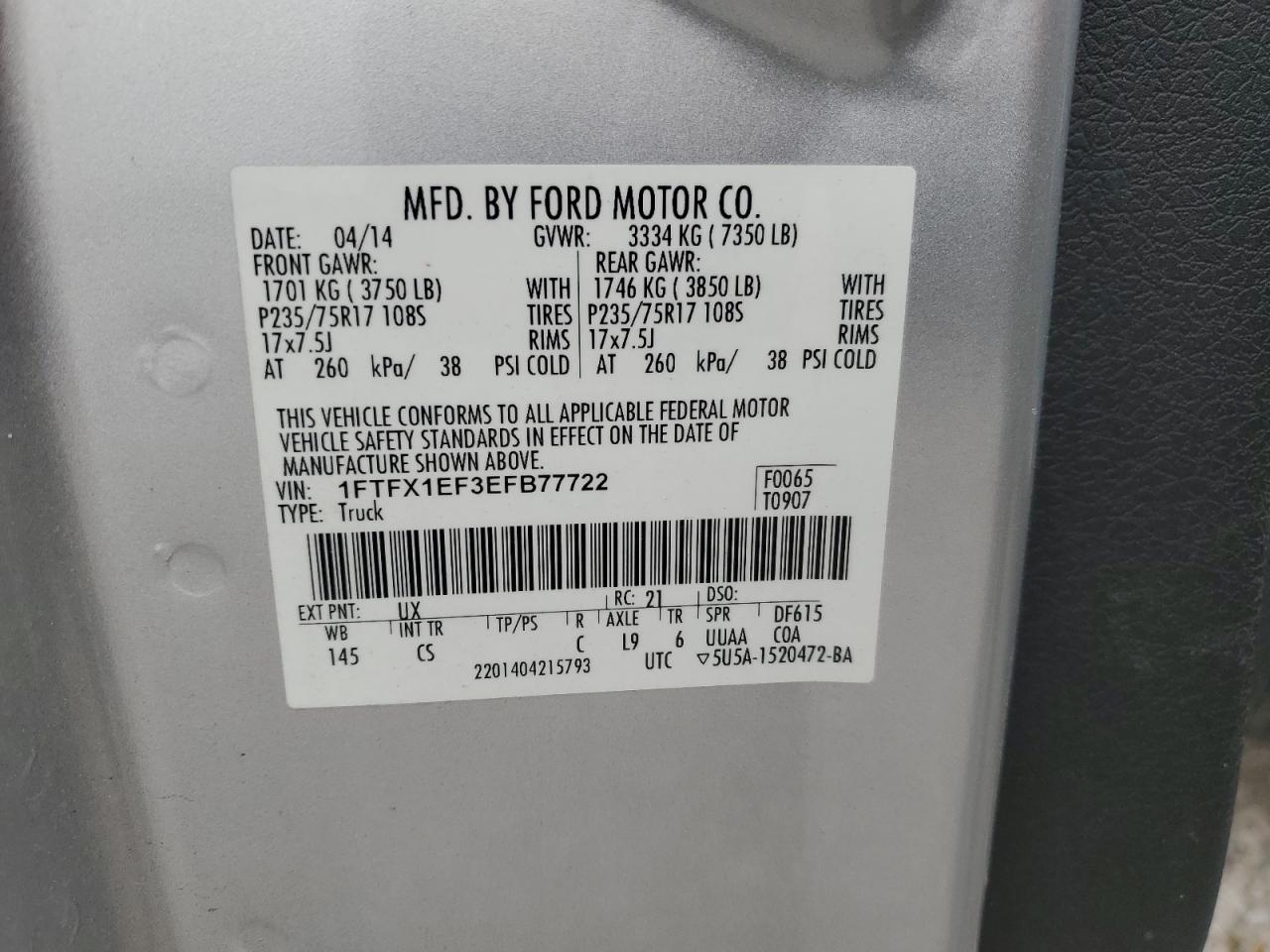 2014 Ford F-150 VIN 1FTFX1EF3EFB77722 Copart auction photo, front end / rear end damage thumbnail 12