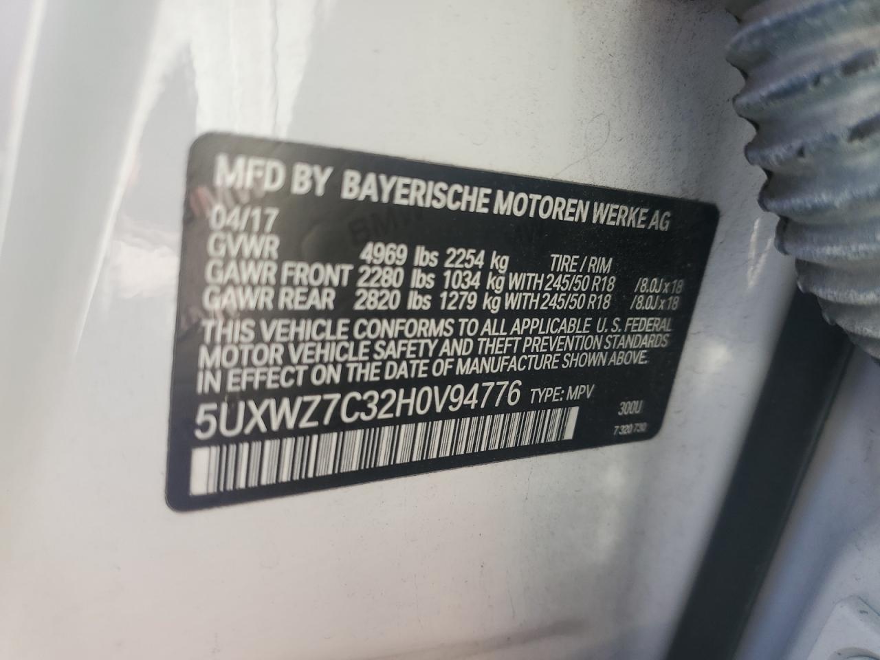 2017 BMW X3 VIN 5UXWZ7C32H0V94776 Copart auction photo, rear end damage thumbnail 15