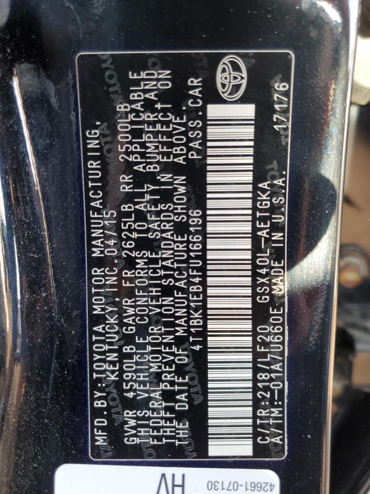 2015 Toyota Avalon VIN 4T1BK1EB4FU166196 Copart auction photo, front end / side damage thumbnail 13
