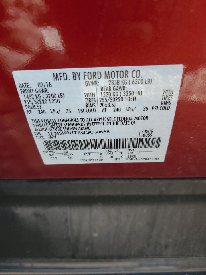 2016 Ford Explorer VIN 1FM5K8HTXGGC38688 Copart auction photo, front end / side damage thumbnail 15