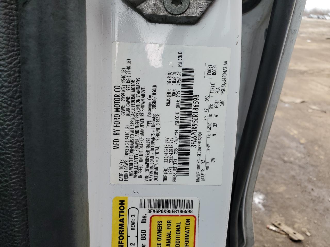2014 Ford Fusion VIN 3FA6P0K95ER186598 Copart auction photo, front end damage thumbnail 12