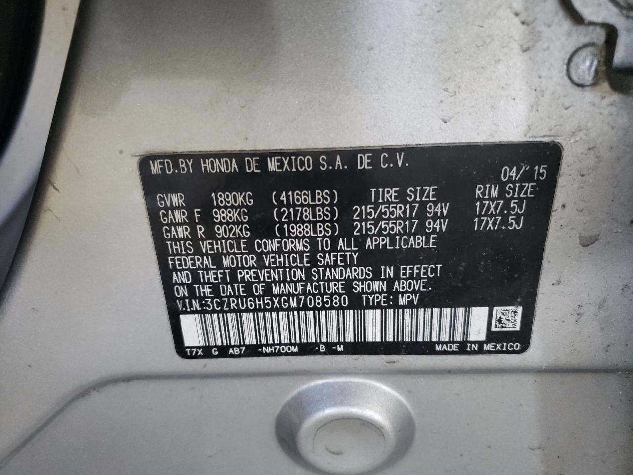 2016 Honda HR-V VIN 3CZRU6H5XGM708580 Copart auction photo, front end / side damage thumbnail 15