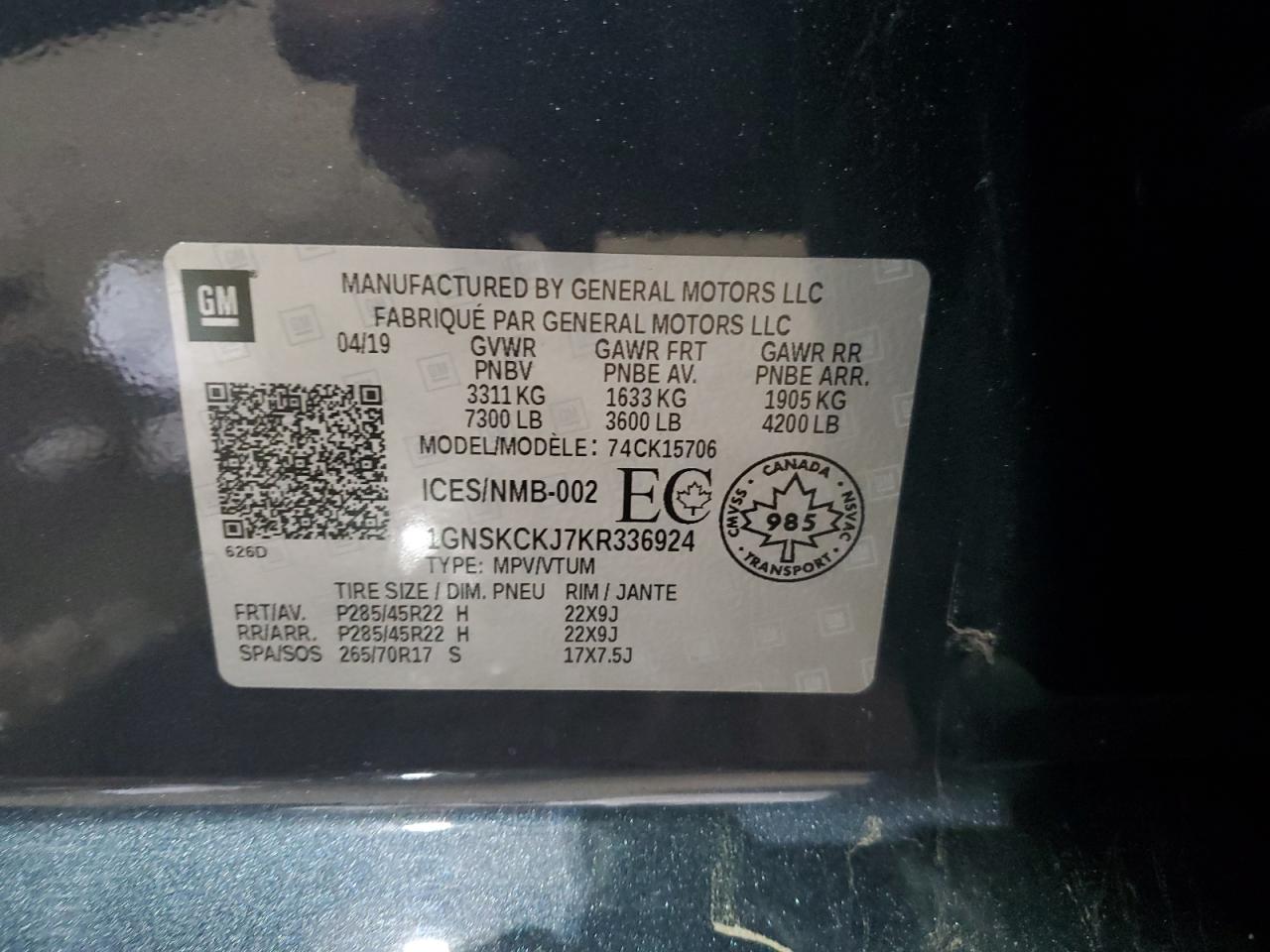 2019 Chevrolet Tahoe VIN 1GNSKCKJ7KR336924 Copart auction photo, front end / side damage thumbnail 13