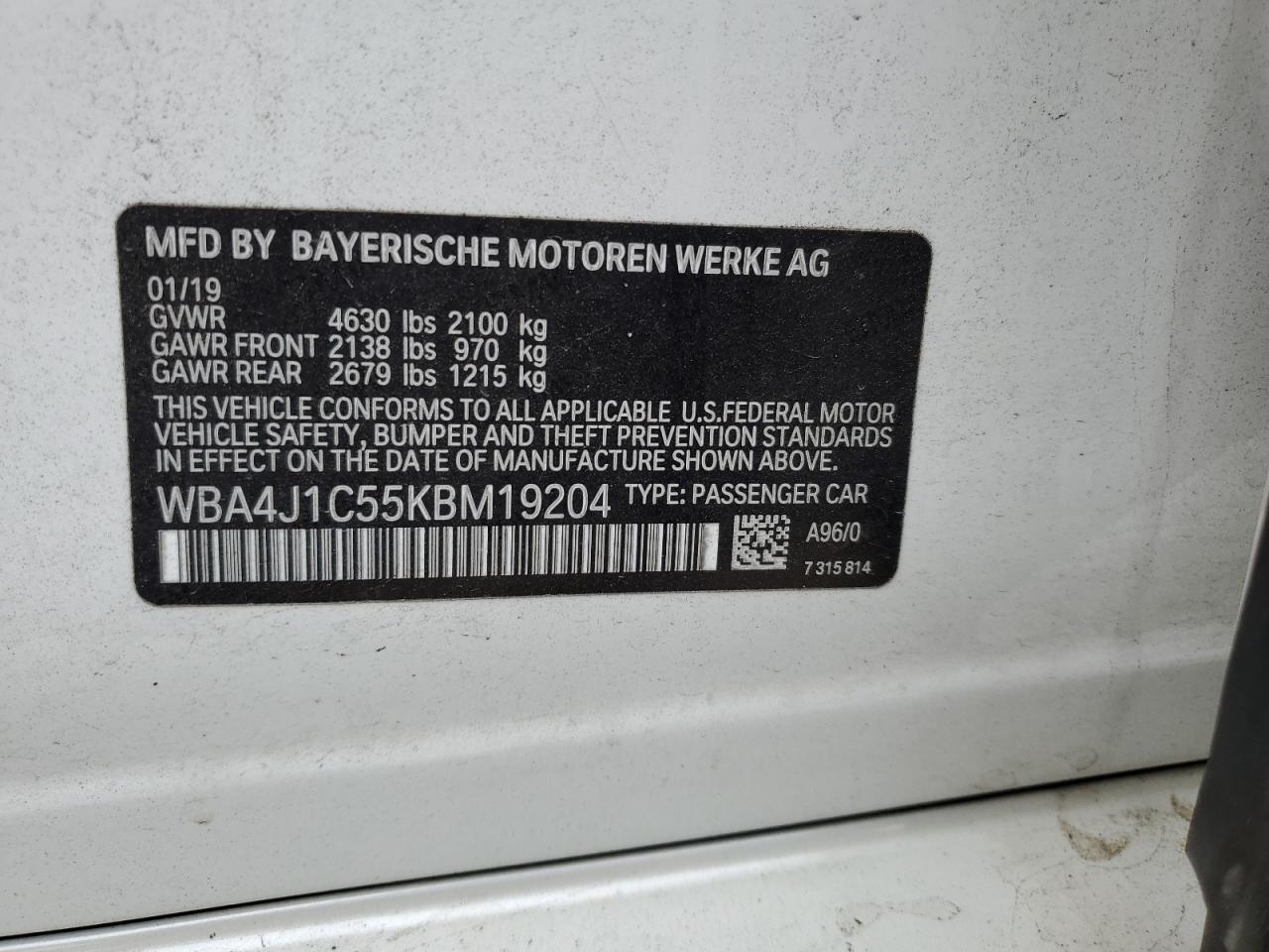 2019 BMW 4er VIN WBA4J1C55KBM19204 Copart auction photo, front end damage thumbnail 14