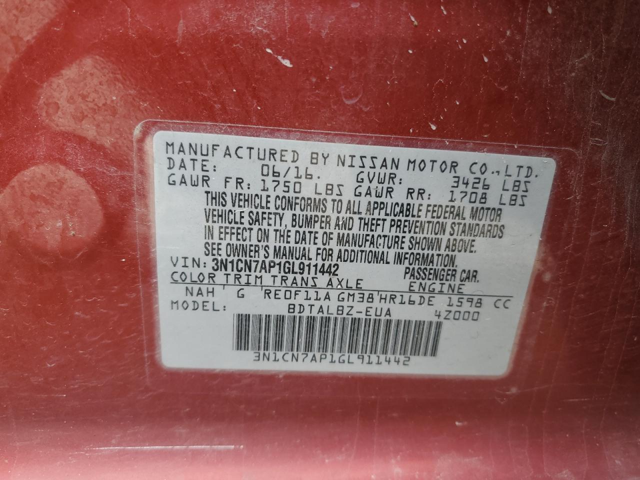 2016 Nissan Versa VIN 3N1CN7AP1GL911442 Copart auction photo, front end damage thumbnail 15