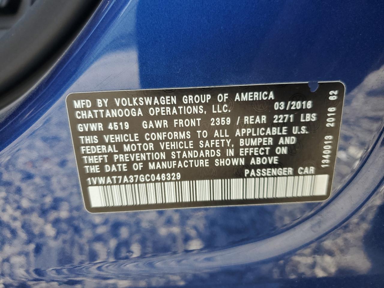 2016 Volkswagen Passat VIN 1VWAT7A37GC046329 Copart auction photo, front end damage thumbnail 12