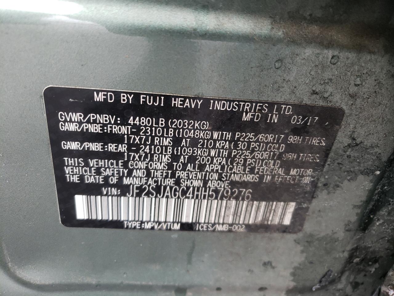2017 Subaru Forester VIN JF2SJAGC4HH579276 Copart auction photo, side damage thumbnail 12