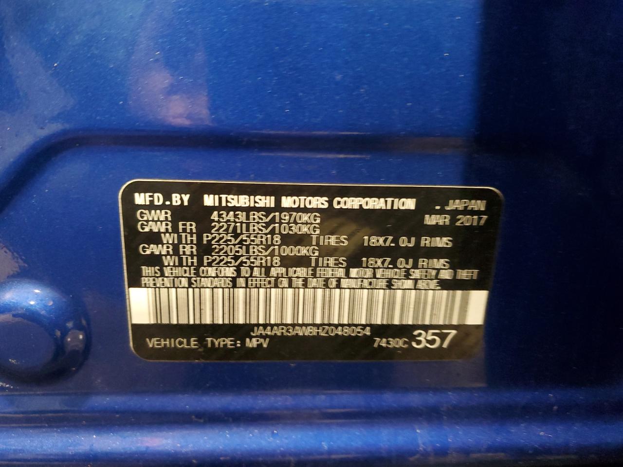 2017 Mitsubishi Outlander VIN JA4AR3AW8HZ048054 Copart auction photo, front end damage thumbnail 14