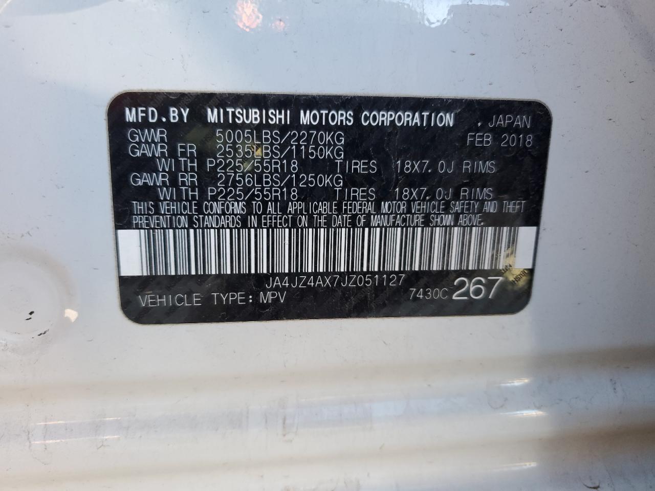 2018 Mitsubishi Outlander VIN JA4JZ4AX7JZ051127 Copart auction photo, all over damage thumbnail 14