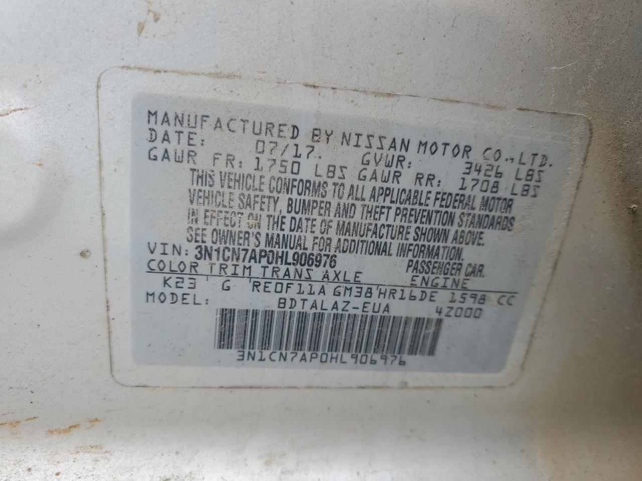 2017 Nissan Versa VIN 3N1CN7AP0HL906976 Copart auction photo, vandalism damage thumbnail 12