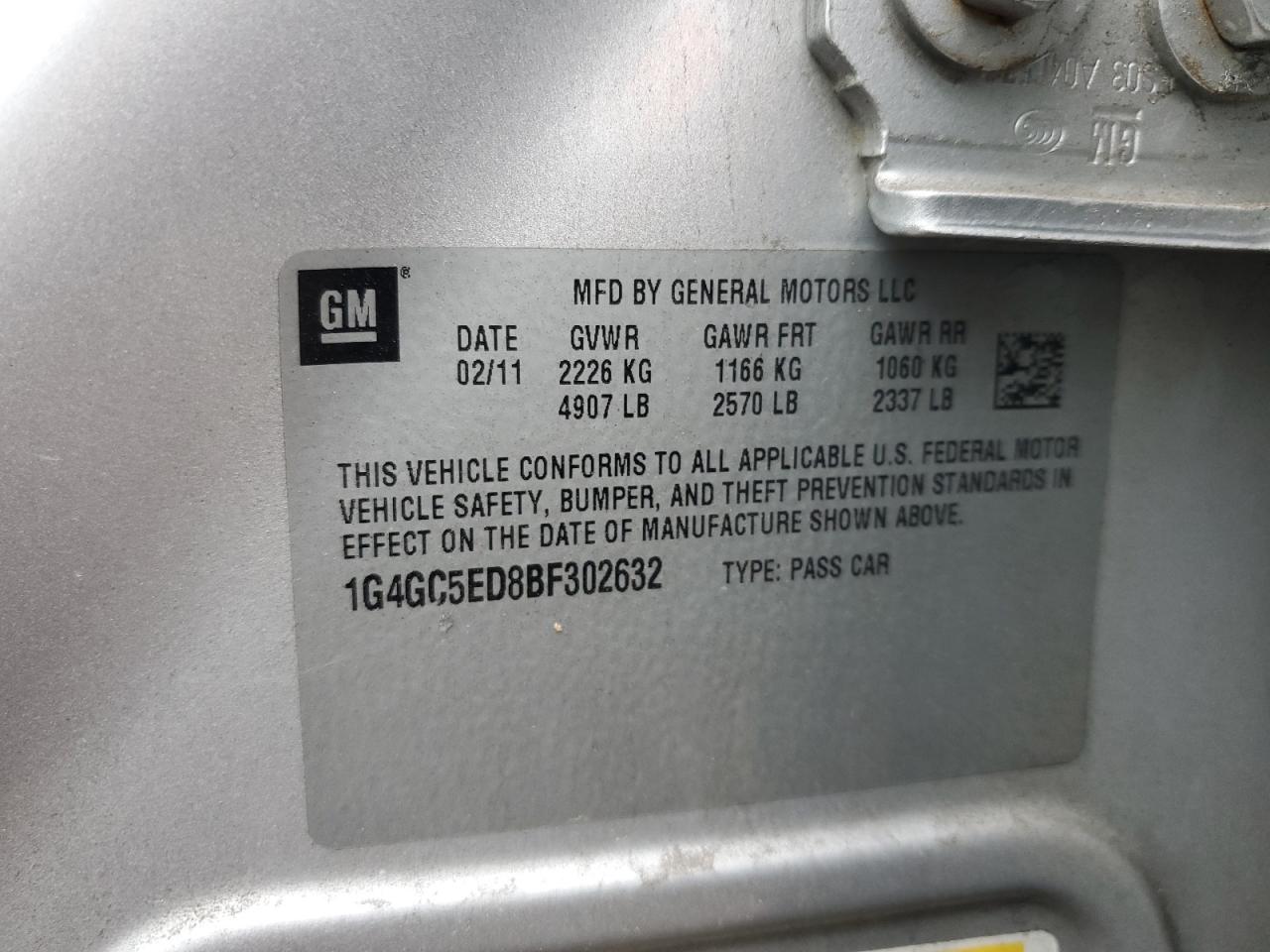 2011 Buick LaCrosse VIN 1G4GC5ED8BF302632 Copart auction photo, side damage thumbnail 12
