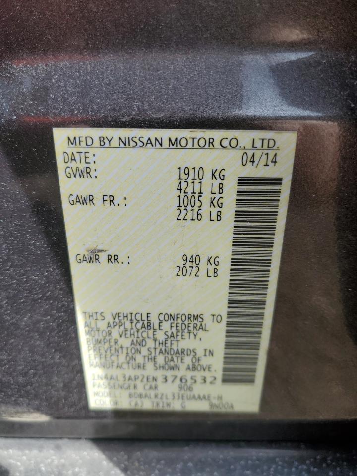 2014 Nissan Altima VIN 1N4AL3AP2EN376532 Copart auction photo, side / front end damage thumbnail 14