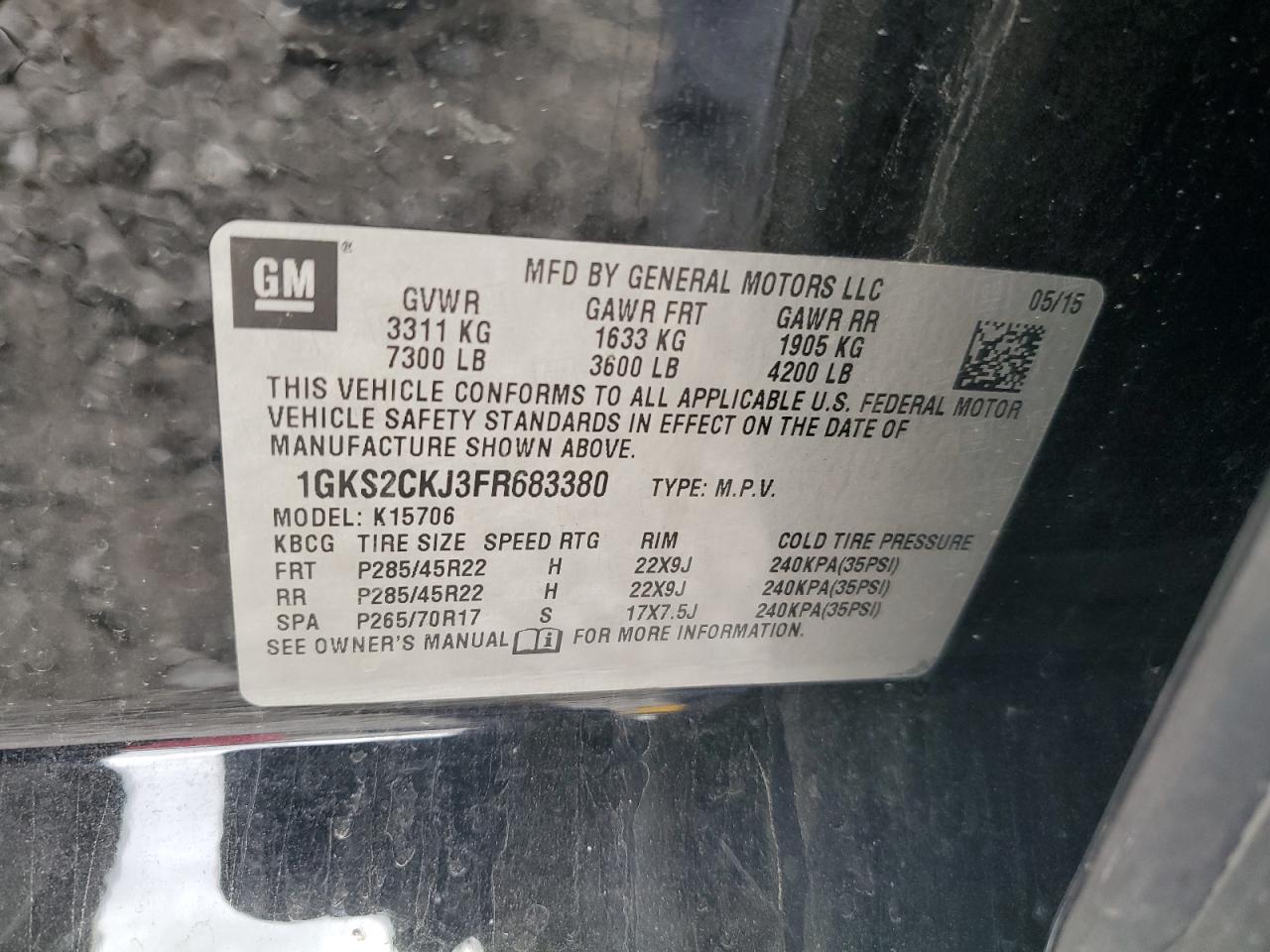 2015 GMC Yukon VIN 1GKS2CKJ3FR683380 Copart auction photo, front end / side damage thumbnail 13