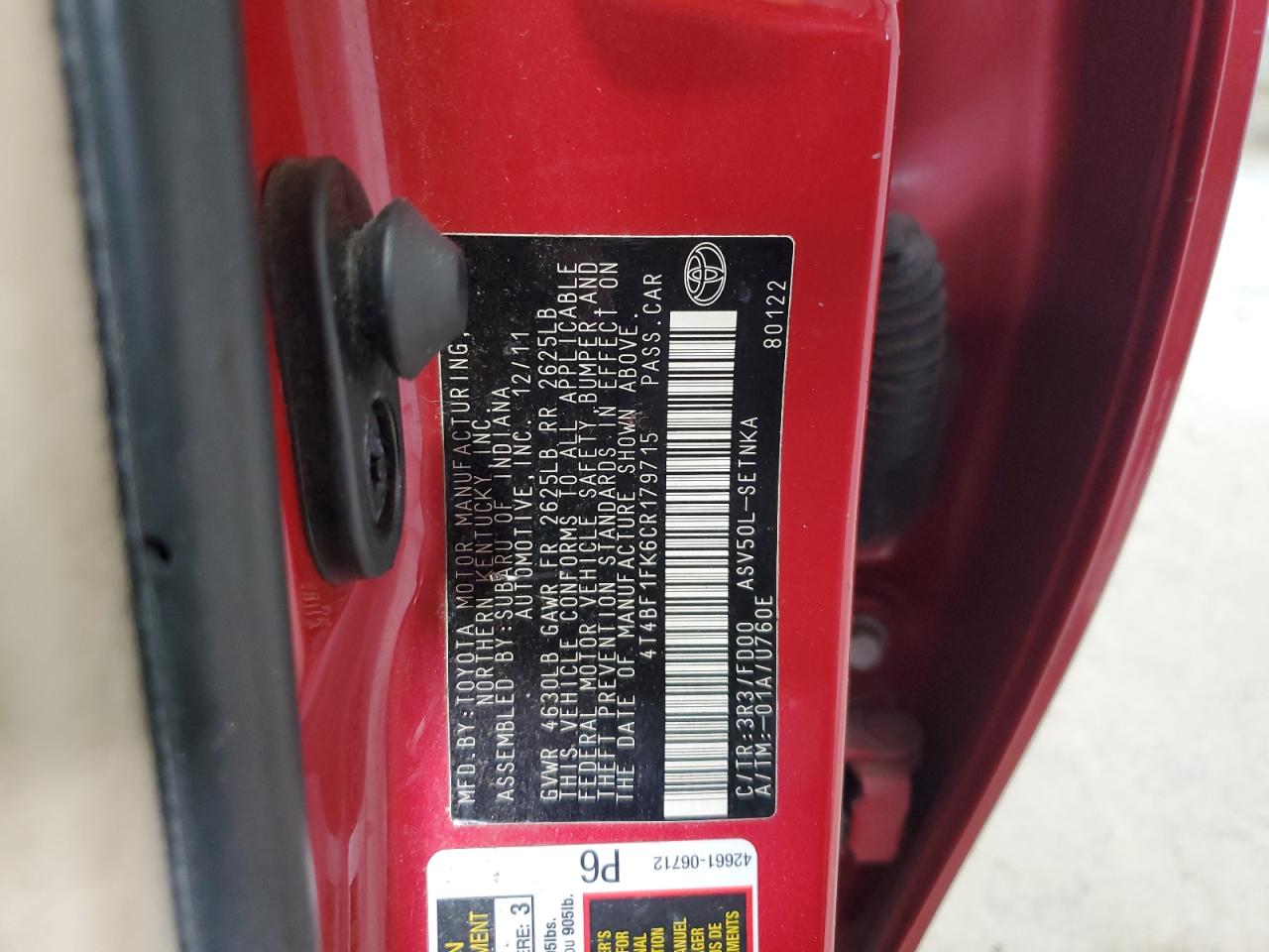 2012 Toyota Camry VIN 4T4BF1FK6CR179715 Copart auction photo, rear end / front end damage thumbnail 12