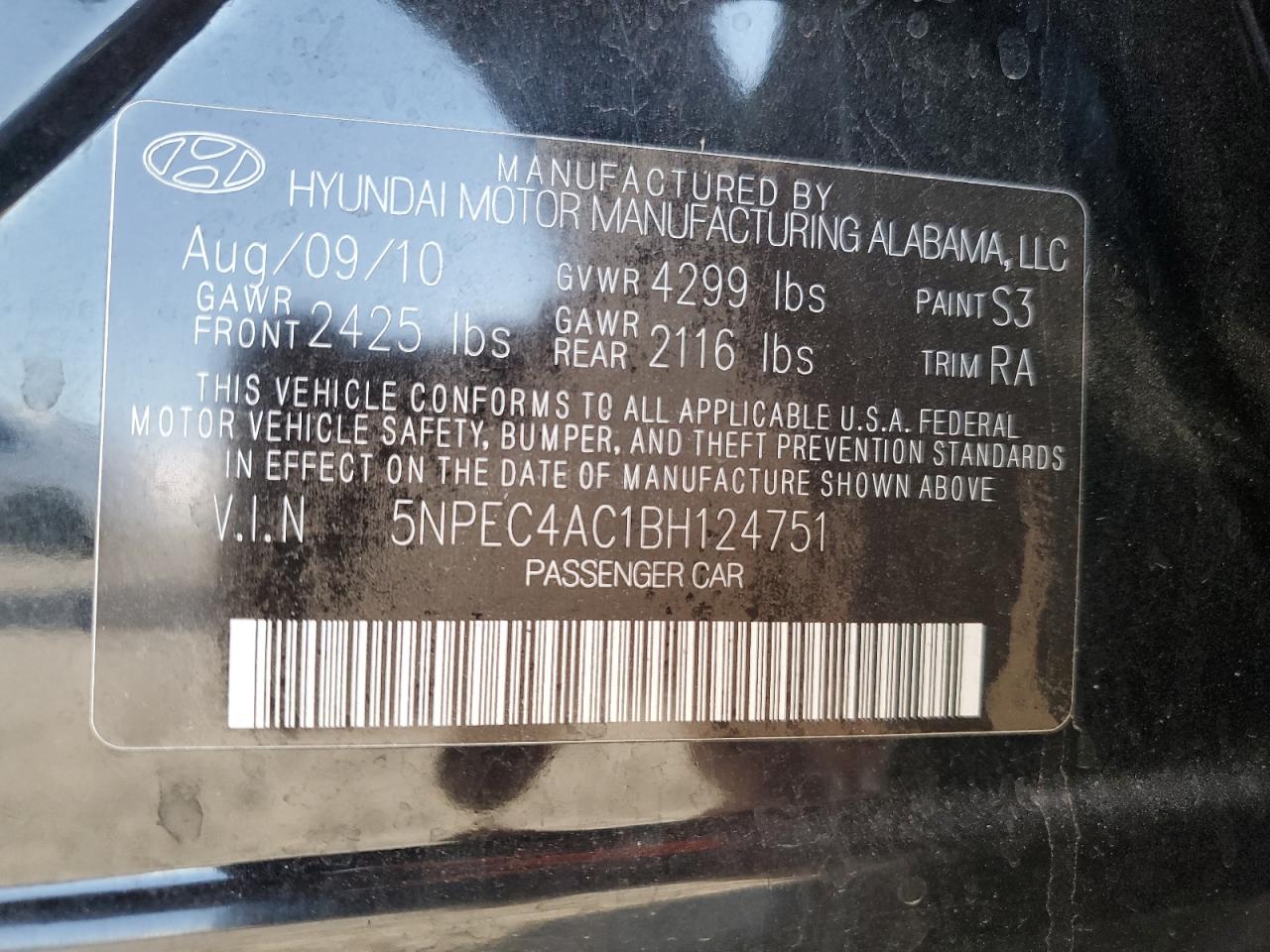 2011 Hyundai Sonata VIN 5NPEC4AC1BH124751 Copart auction photo, side / front end damage thumbnail 14