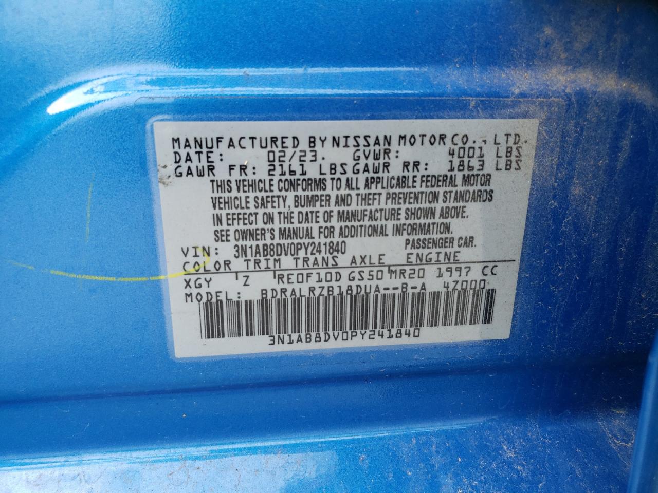 2023 Nissan Sentra VIN 3N1AB8DV0PY241840 Copart auction photo, front end damage thumbnail 14