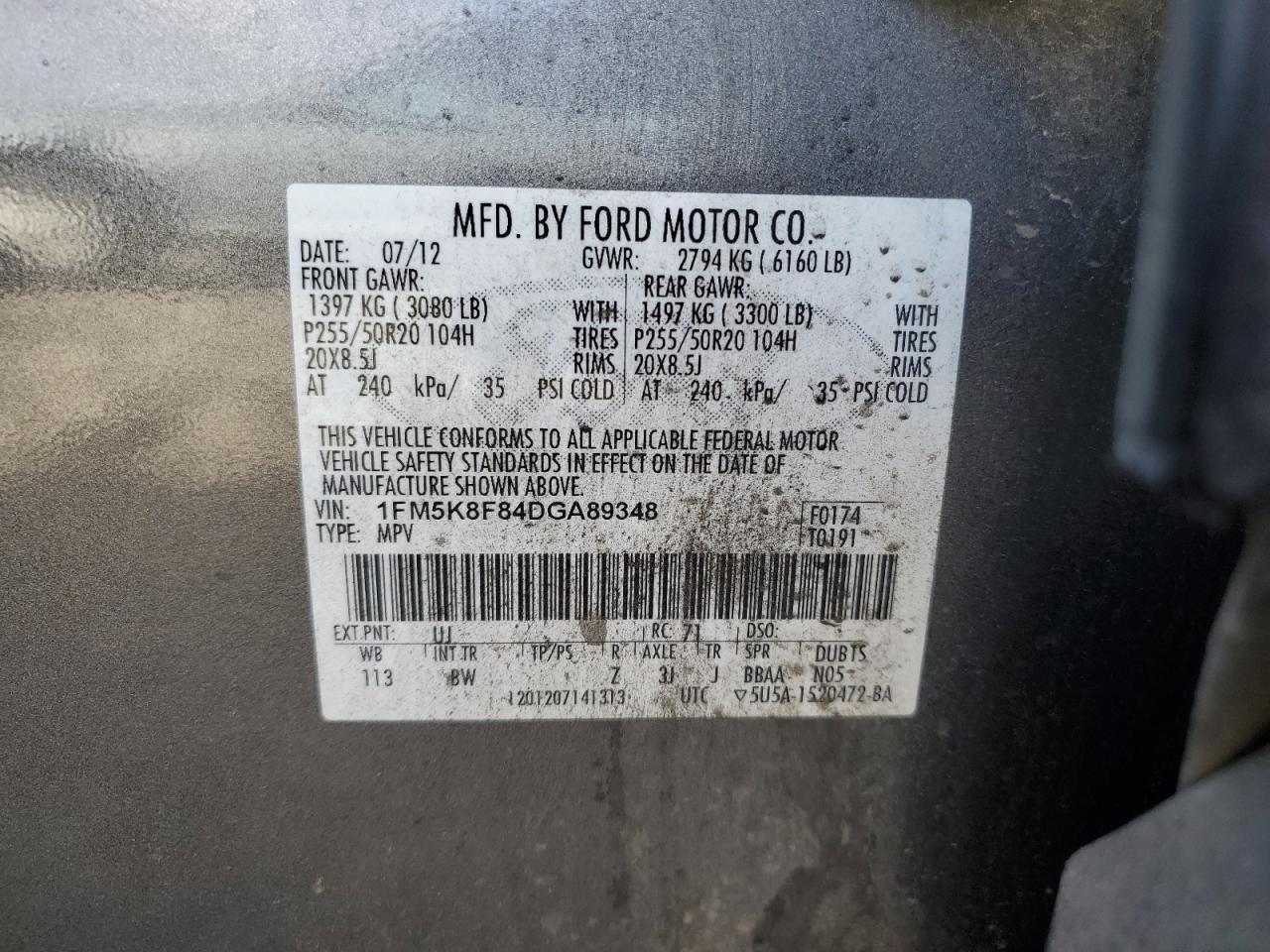 2013 Ford Explorer VIN 1FM5K8F84DGA89348 Copart auction photo, front end damage thumbnail 14