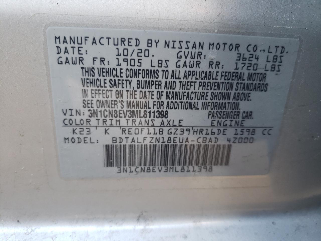 2021 Nissan Versa VIN 3N1CN8EV3ML811398 Copart auction photo, front end damage thumbnail 14