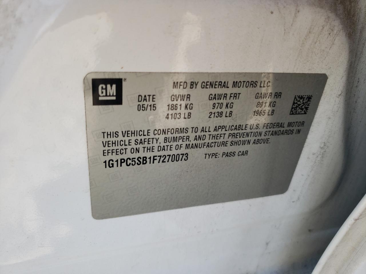 2015 Chevrolet Cruze VIN 1G1PC5SB1F7270073 Copart auction photo, front end damage thumbnail 12