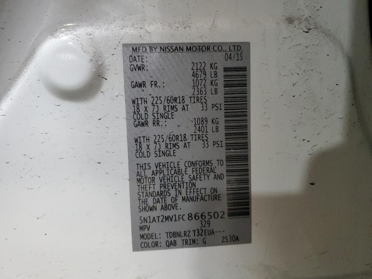 2015 Nissan Rogue VIN 5N1AT2MV1FC866502 Copart auction photo, side damage thumbnail 13