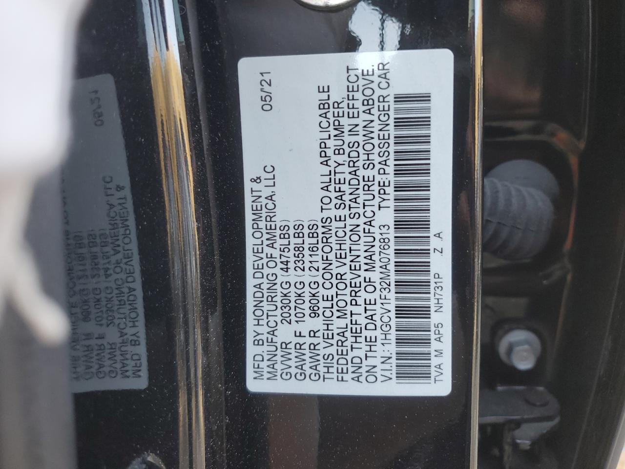 2021 Honda Accord VIN 1HGCV1F32MA076813 Copart auction photo, side / undercarriage damage thumbnail 12