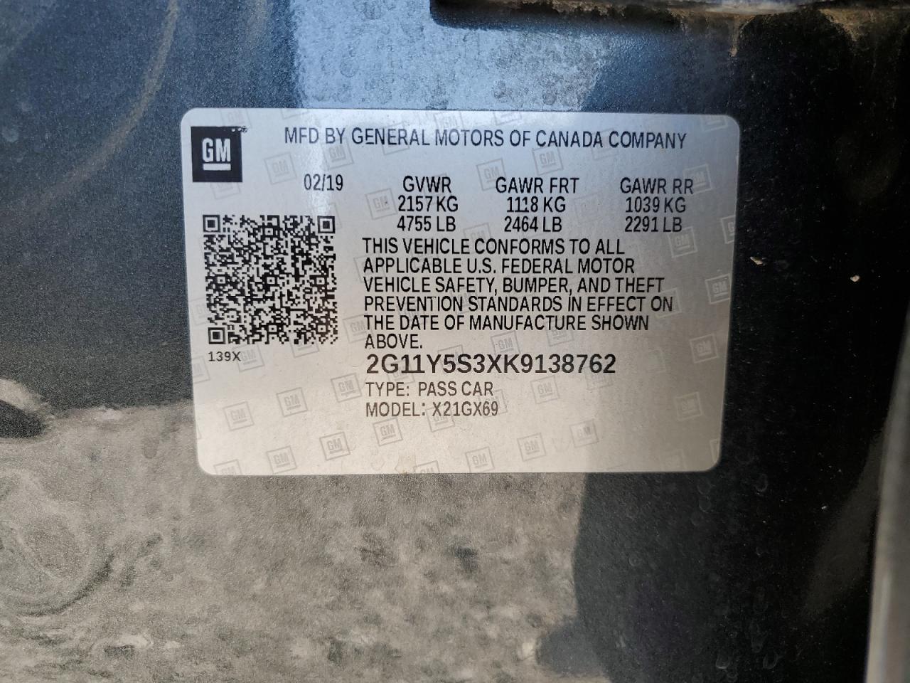 2019 Chevrolet Impala VIN 2G11Y5S3XK9138762 Copart auction photo, front end damage thumbnail 13