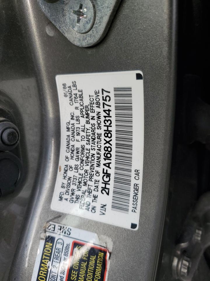2008 Honda Civic VIN 2HGFA168X8H314757 Copart auction photo, front end / rear end damage thumbnail 12