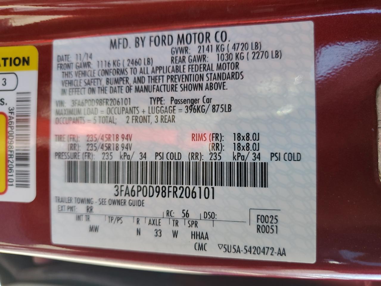 2015 Ford Fusion VIN 3FA6P0D98FR206101 Copart auction photo, front end damage thumbnail 12