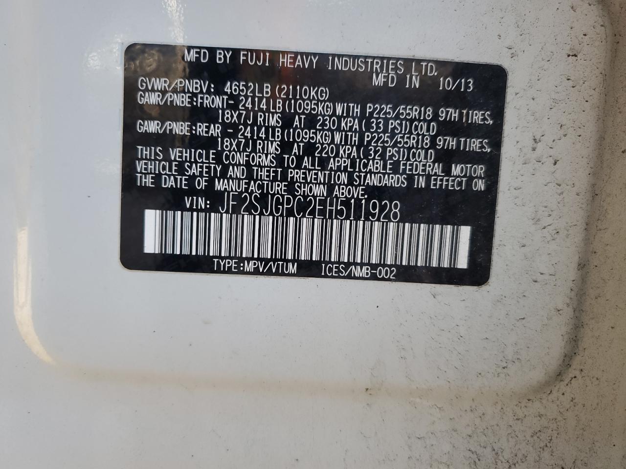 2014 Subaru Forester VIN JF2SJGPC2EH511928 Copart auction photo, undercarriage / minor dent/scratches damage thumbnail 13