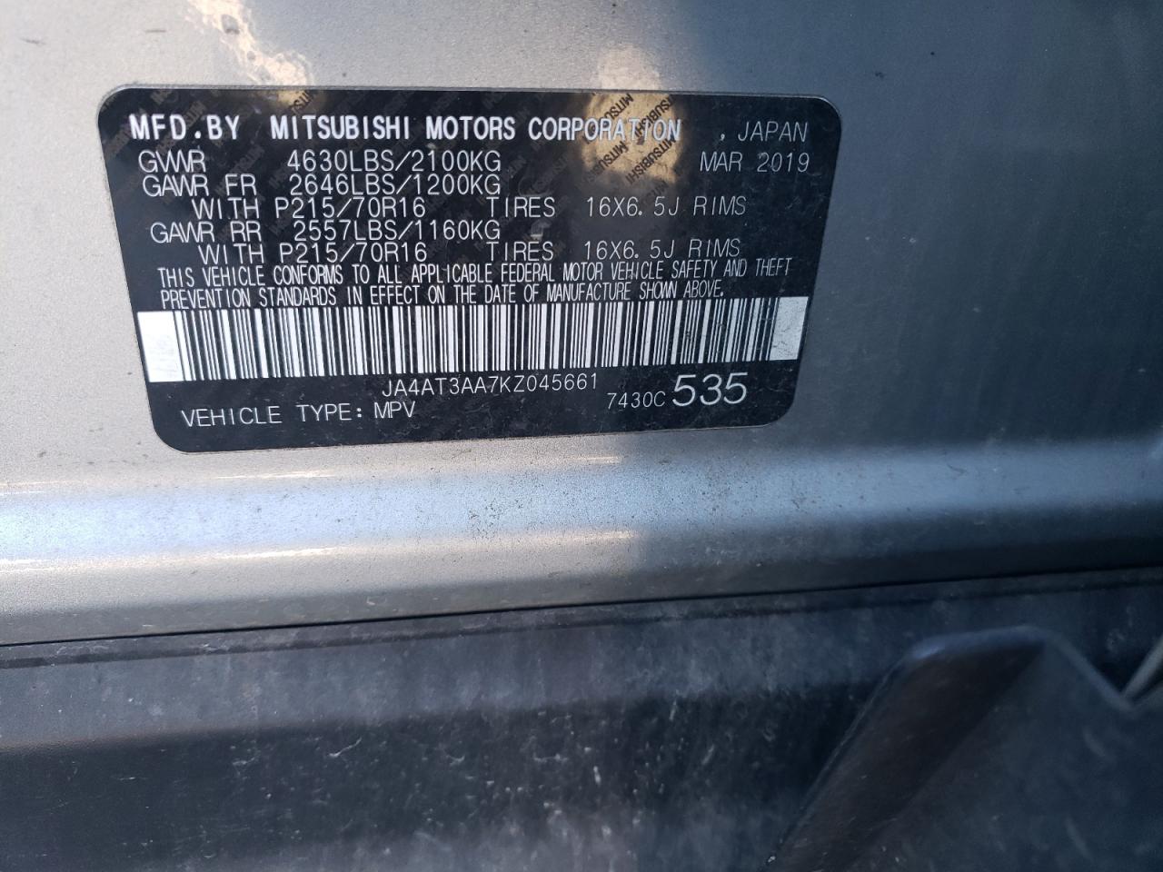 2019 Mitsubishi Eclipse VIN JA4AT3AA7KZ045661 Copart auction photo, rear end / side damage thumbnail 14