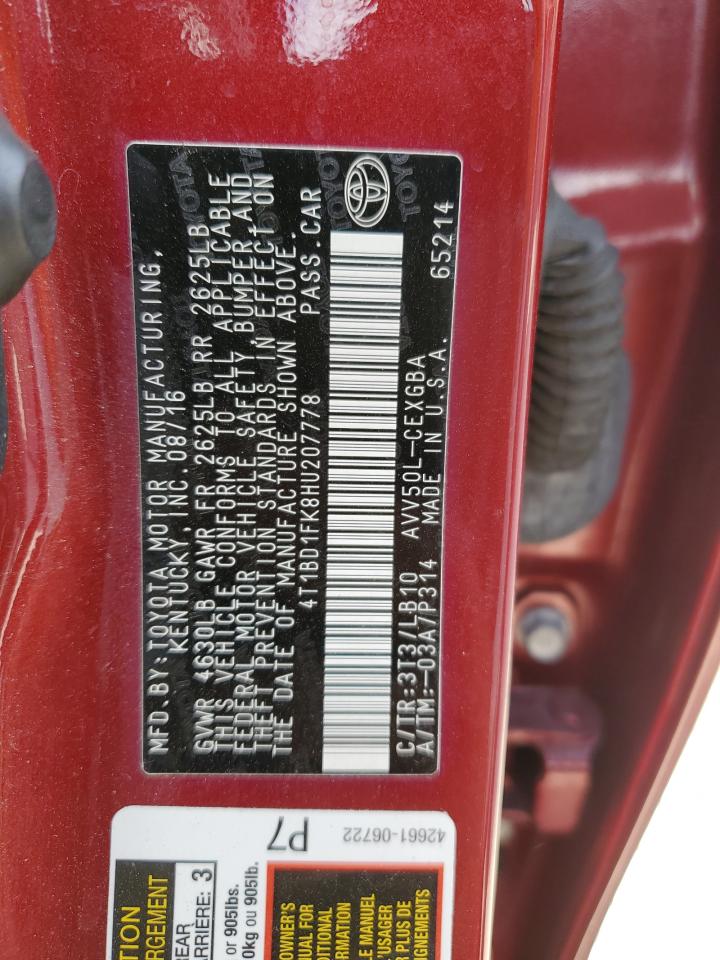 2017 Toyota Camry VIN 4T1BD1FK8HU207778 Copart auction photo, front end damage thumbnail 13