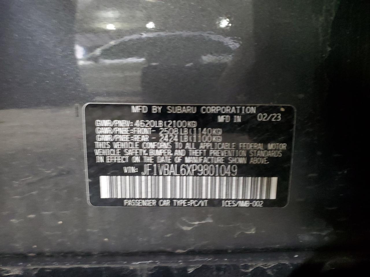 2023 Subaru WRX VIN JF1VBAL6XP9801049 Copart auction photo, front end / minor dent/scratches damage thumbnail 12