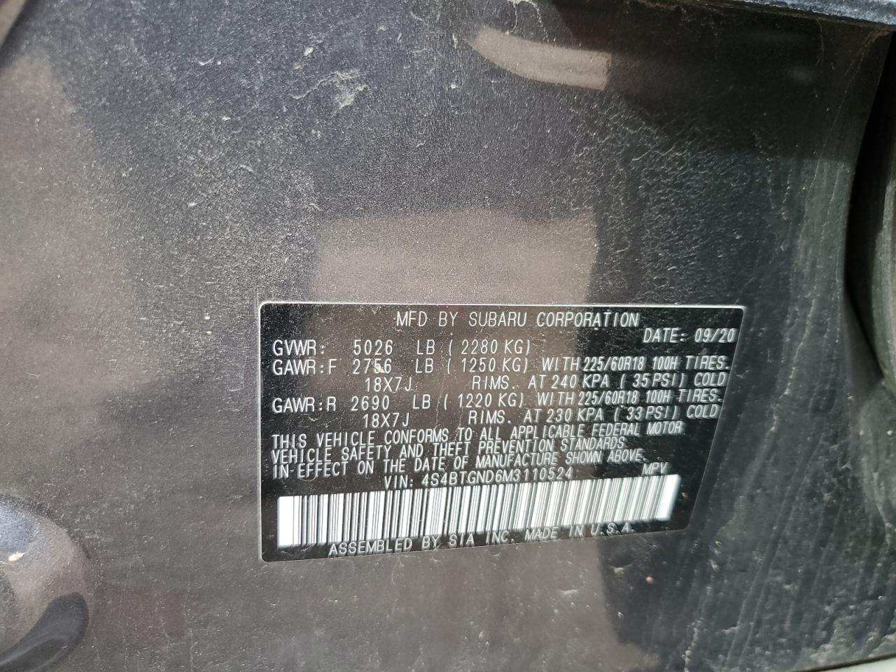 2021 Subaru Outback VIN 4S4BTGND6M3110524 Copart auction photo, front end / undercarriage damage thumbnail 14