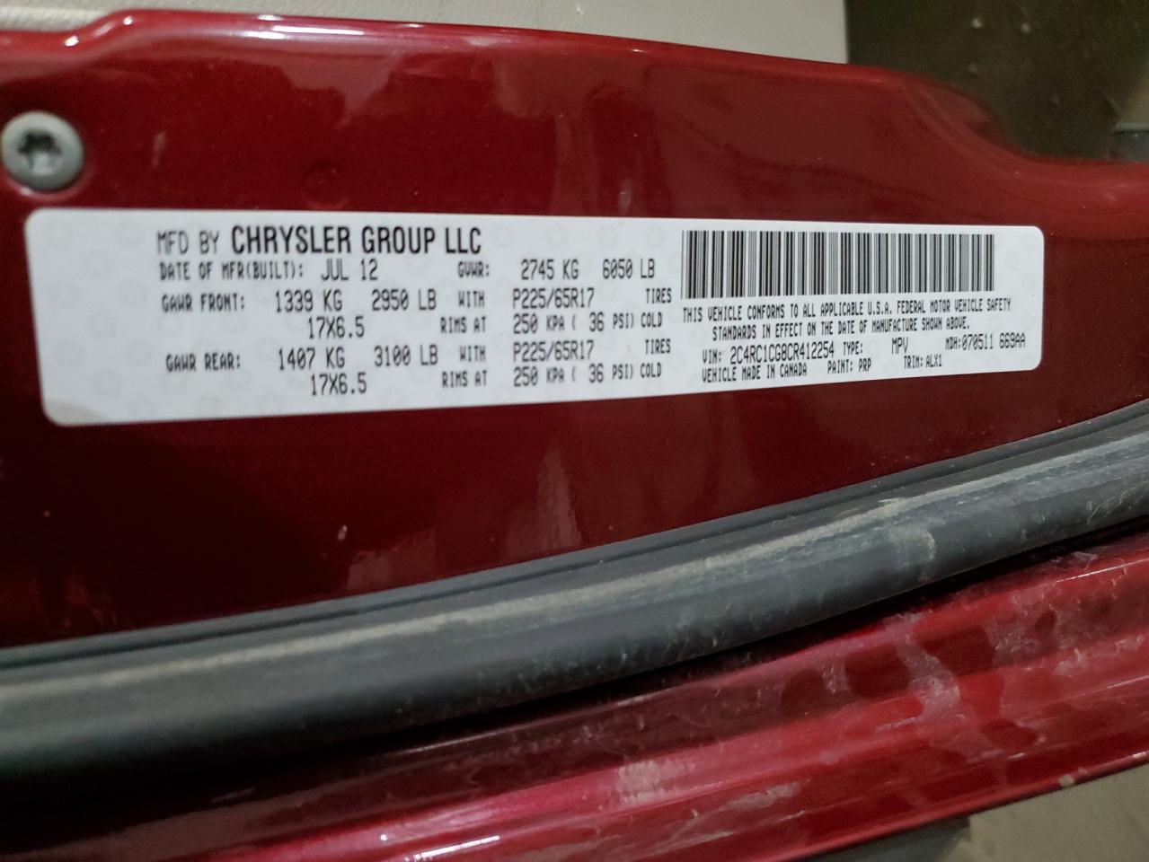 2012 Chrysler Town & Country VIN 2C4RC1CG8CR412254 Copart auction photo, water/flood damage thumbnail 15