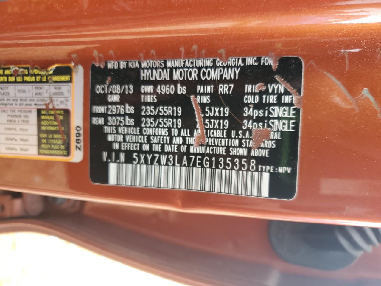 2014 Hyundai Santa Fe VIN 5XYZW3LA7EG135358 Copart auction photo, side damage thumbnail 15