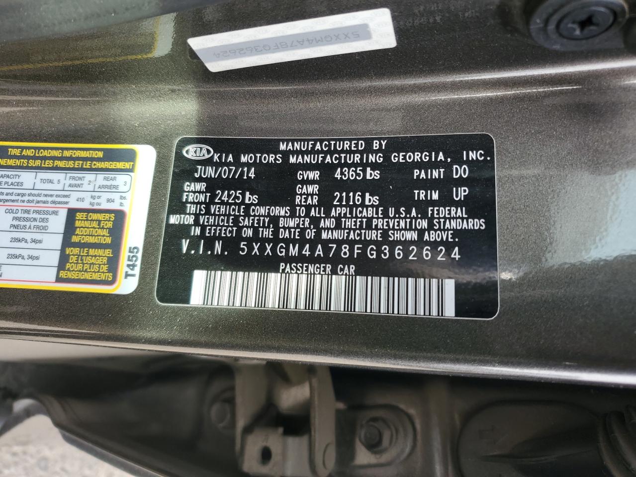 2015 KIA Optima VIN 5XXGM4A78FG362624 Copart auction photo, front end damage thumbnail 13