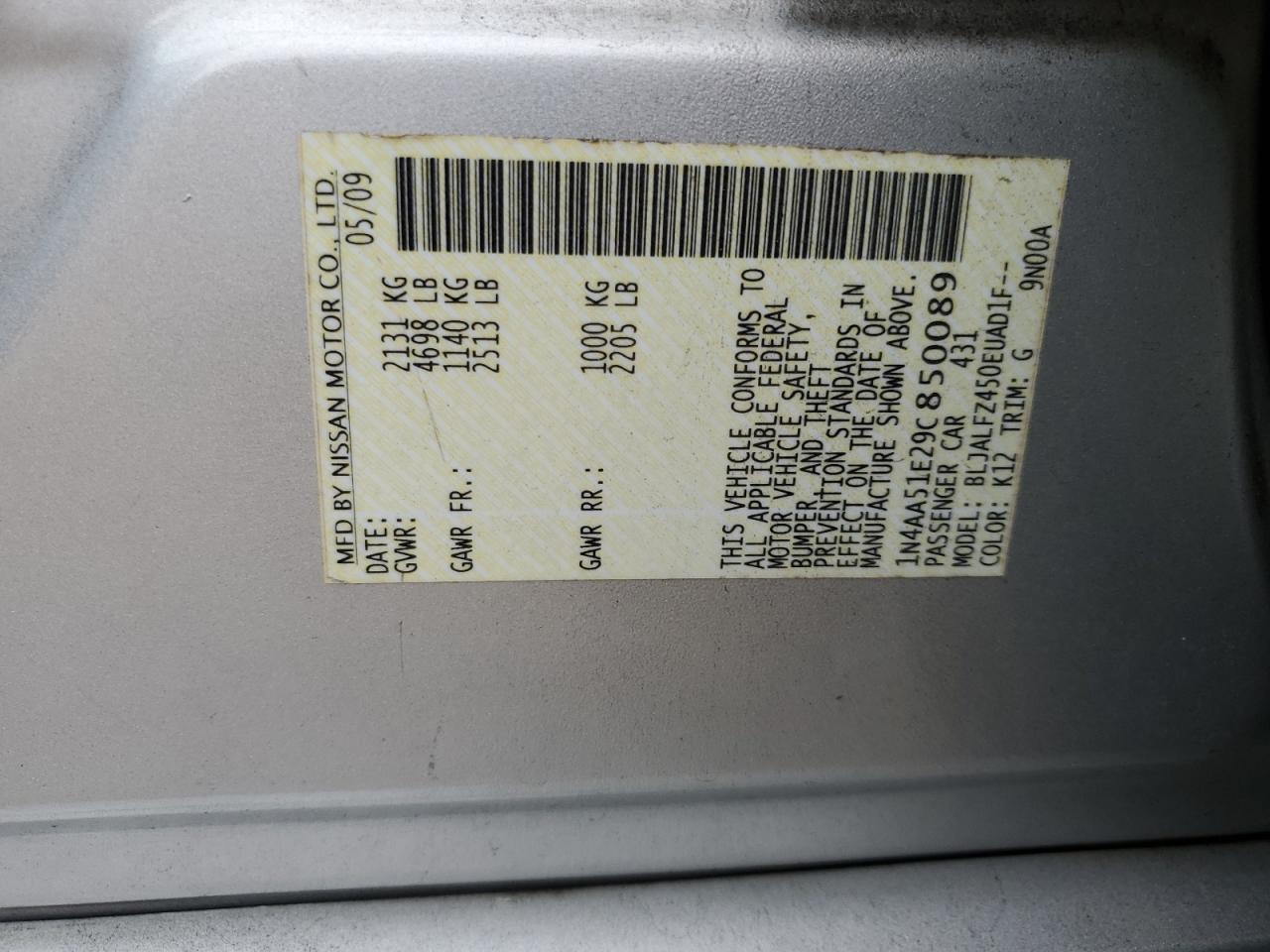 2009 Nissan Maxima VIN 1N4AA51E29C850089 Copart auction photo, front end damage thumbnail 12