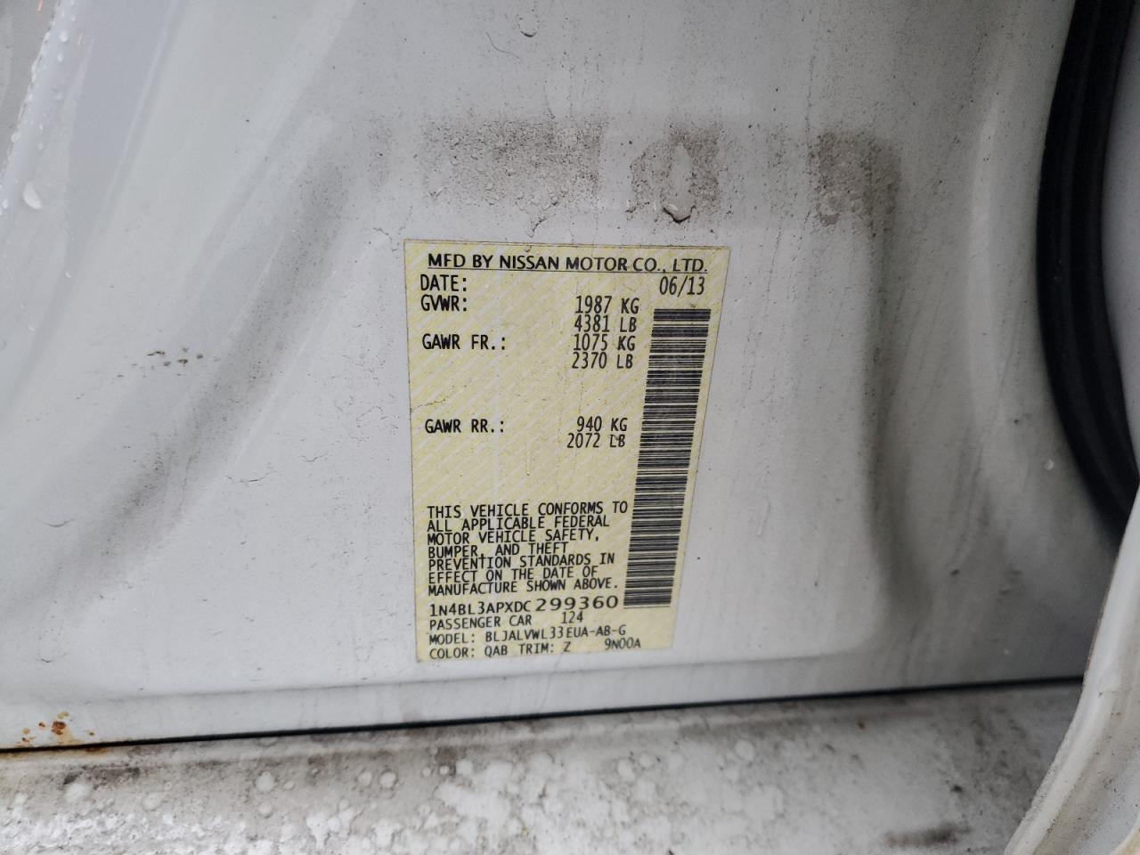 2013 Nissan Altima VIN 1N4BL3APXDC299360 Copart auction photo, all over damage thumbnail 14