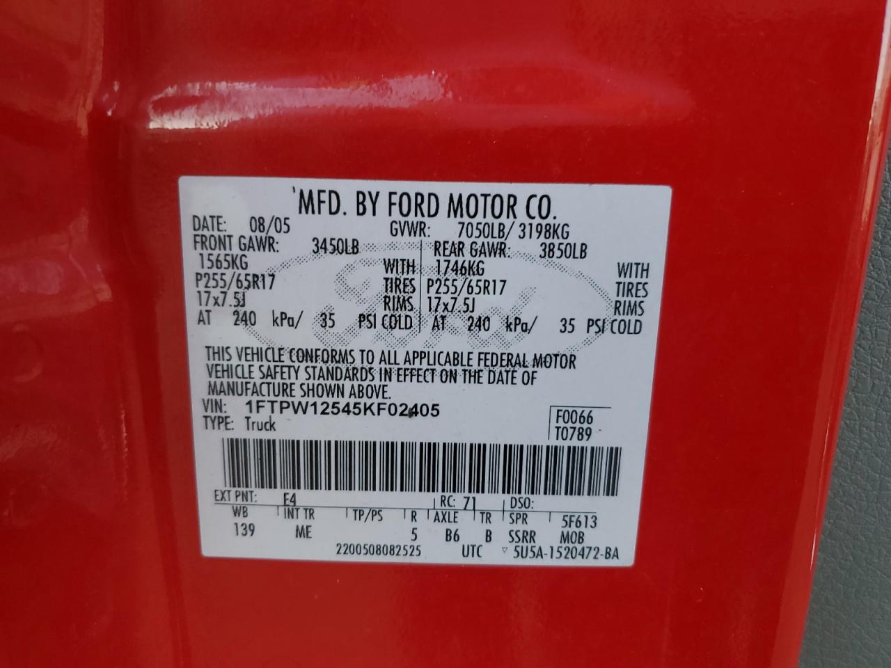 2005 Ford F-150 VIN 1FTPW12545KF02405 Copart auction photo, rear end / minor dent/scratches damage thumbnail 13