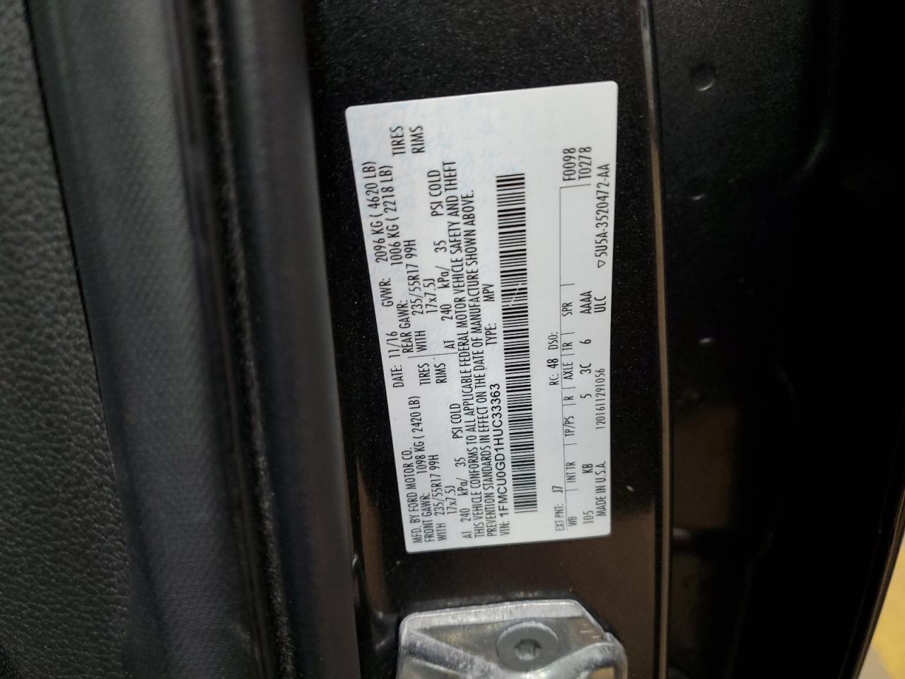 2017 Ford Escape VIN 1FMCU0GD1HUC33363 Copart auction photo, front end / undercarriage damage thumbnail 15