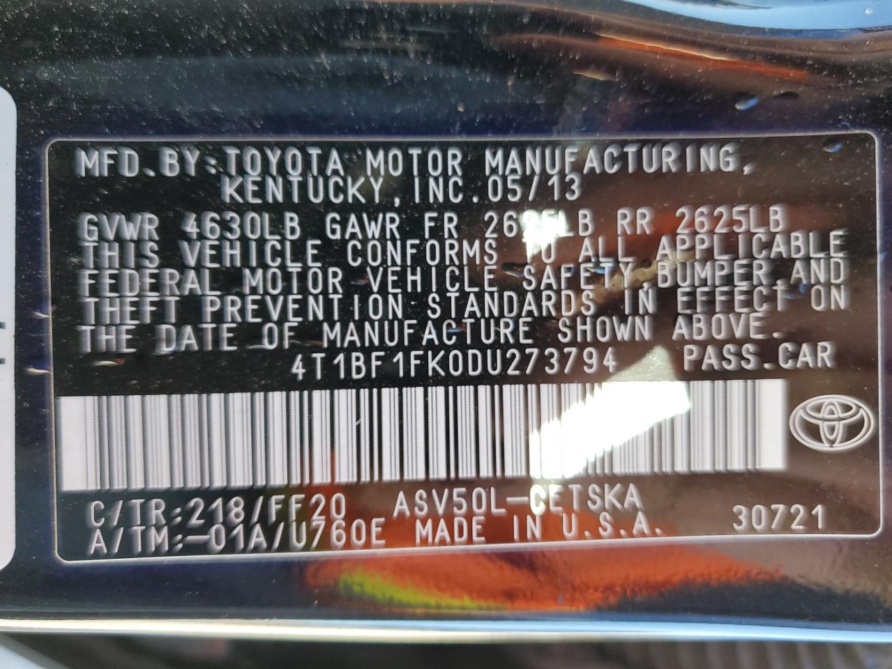 2013 Toyota Camry VIN 4T1BF1FK0DU273794 Copart auction photo, side / rear end damage thumbnail 12
