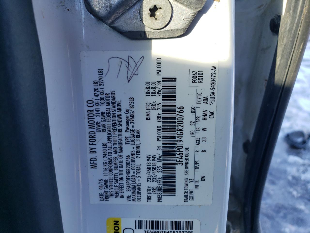 2016 Ford Fusion VIN 3FA6P0T94GR200766 Copart auction photo, all over / mechanical damage thumbnail 12