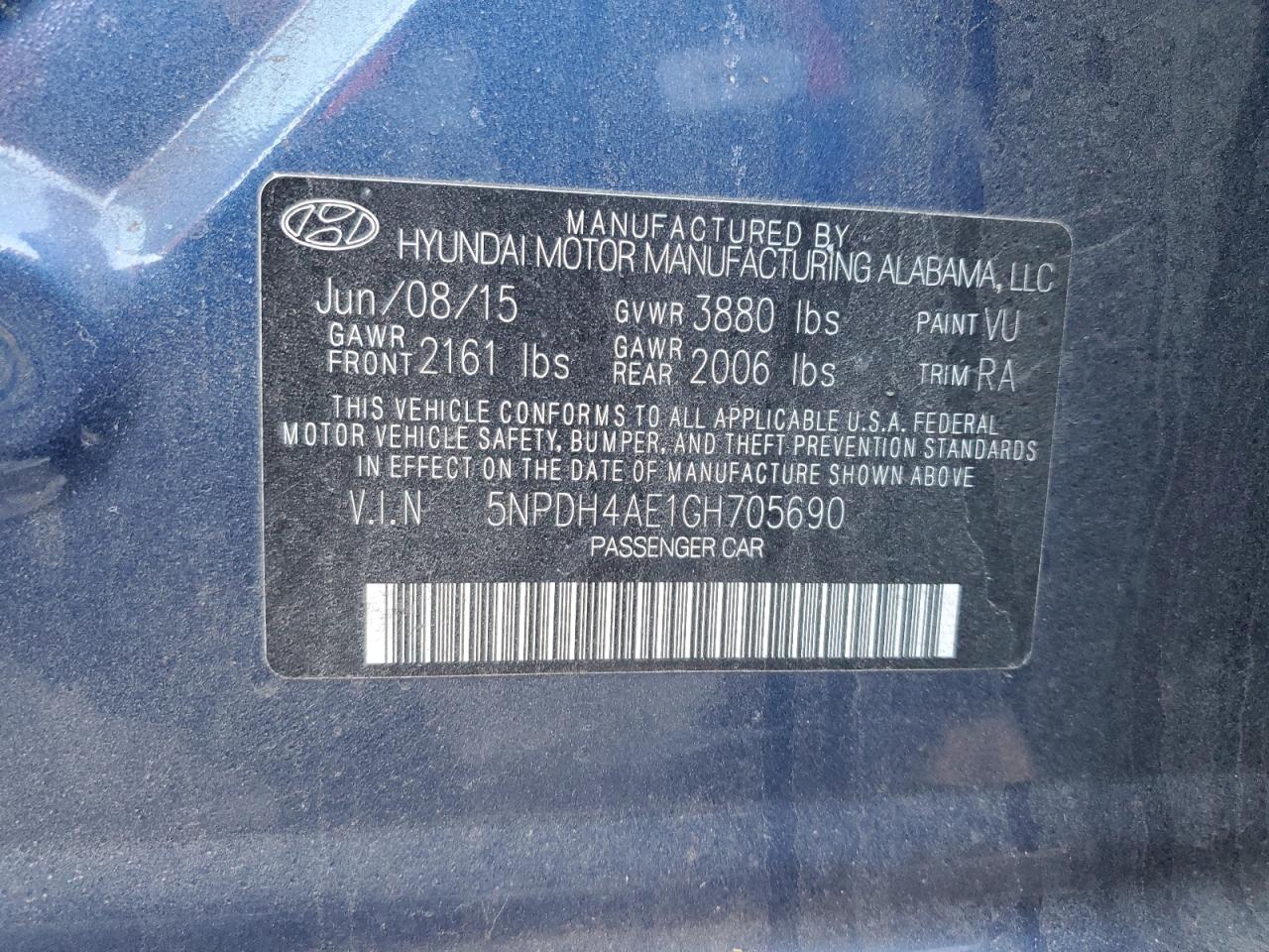 2016 Hyundai Elantra VIN 5NPDH4AE1GH705690 Copart auction photo, rear end damage thumbnail 13