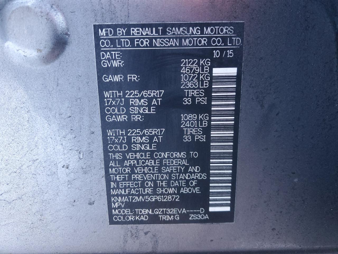 2016 Nissan Rogue VIN KNMAT2MV5GP612872 Copart auction photo, front end / side damage thumbnail 13