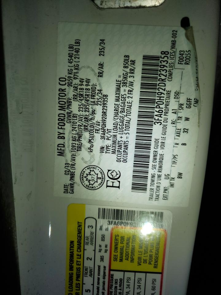 2013 Ford Fusion VIN 3FA6P0H92DR239358 Copart auction photo, front end damage thumbnail 15