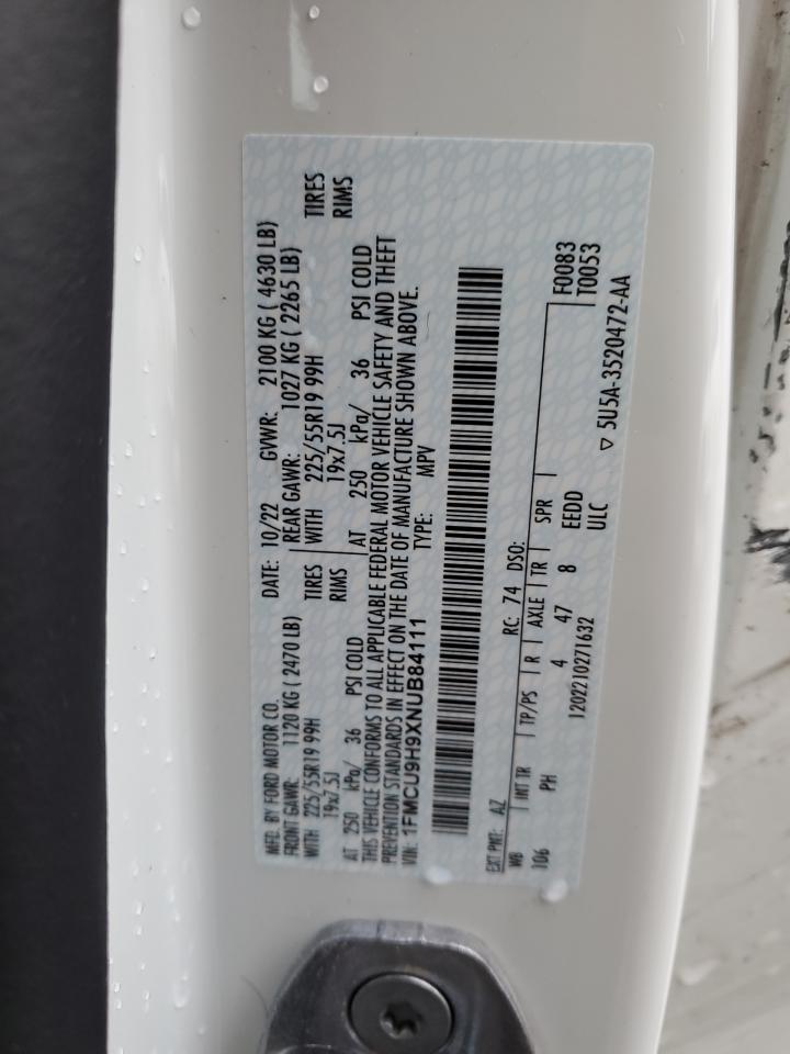 2022 Ford Escape VIN 1FMCU9H9XNUB84111 Copart auction photo, side / front end damage thumbnail 15