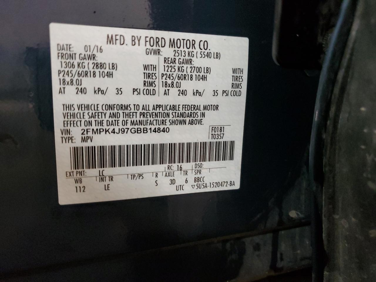 2016 Ford Edge VIN 2FMPK4J97GBB14840 Copart auction photo, front end / side damage thumbnail 14