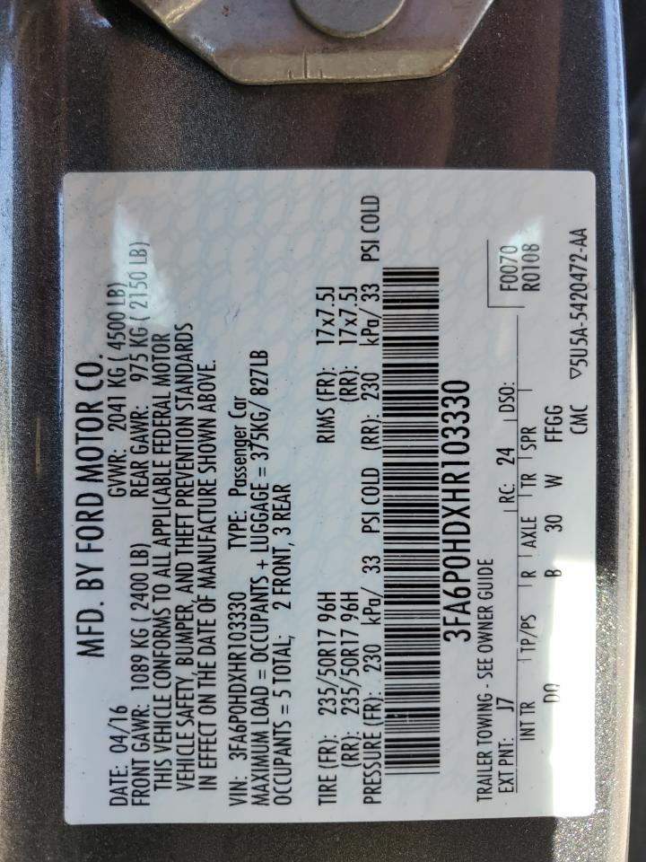2017 Ford Fusion VIN 3FA6P0HDXHR103330 Copart auction photo, vandalism / minor dent/scratches damage thumbnail 12