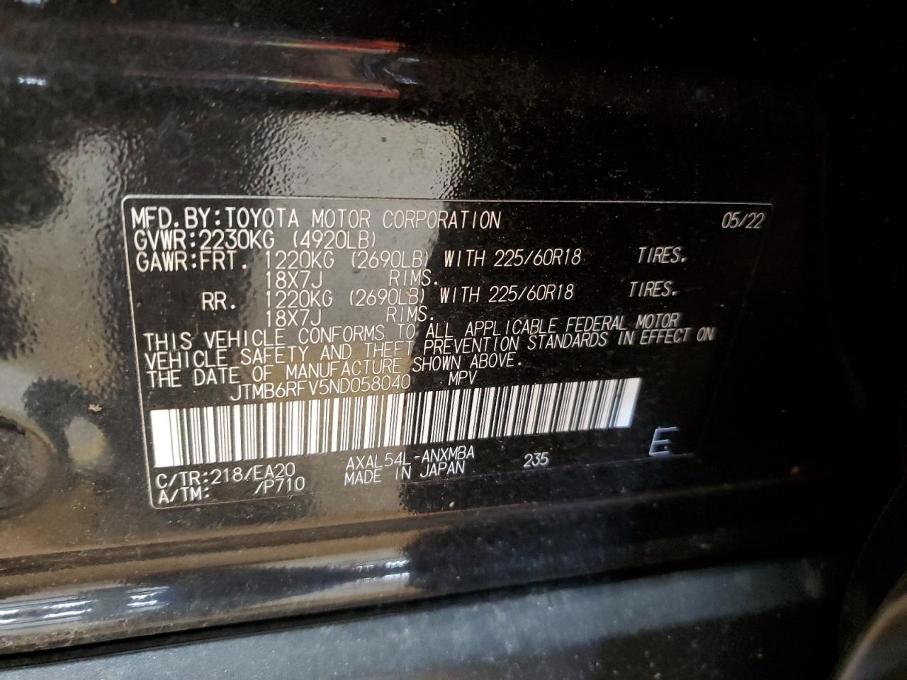 2022 Toyota RAV 4 VIN JTMB6RFV5ND058040 Copart auction photo, front end damage thumbnail 13