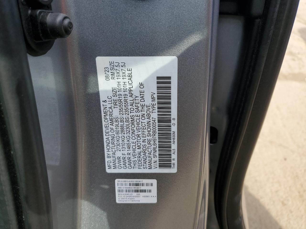 2024 Honda Odyssey VIN 5FNRL6H97RB000547 Copart auction photo, front end damage thumbnail 13